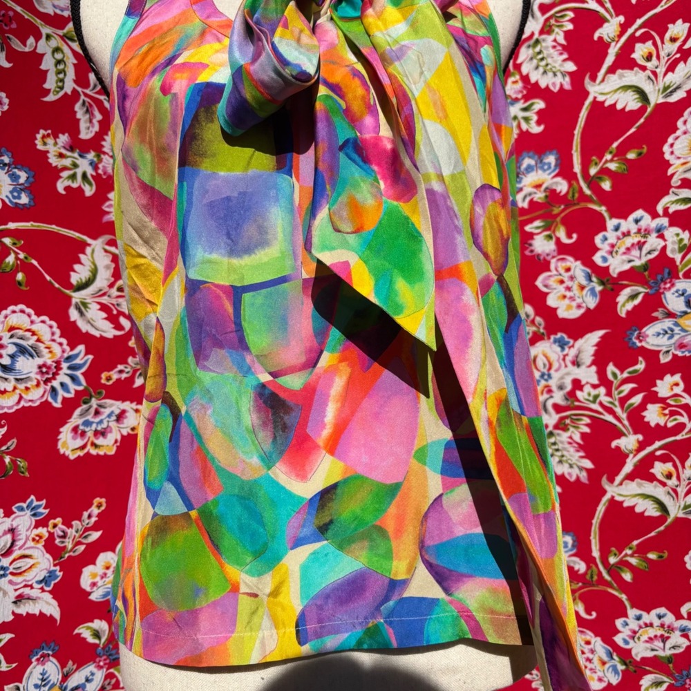100% Silk Vibrant Multicolor Neck Tie Sleeveless Artsy Boho Chic Blouse Size S - Picture 5 of 13